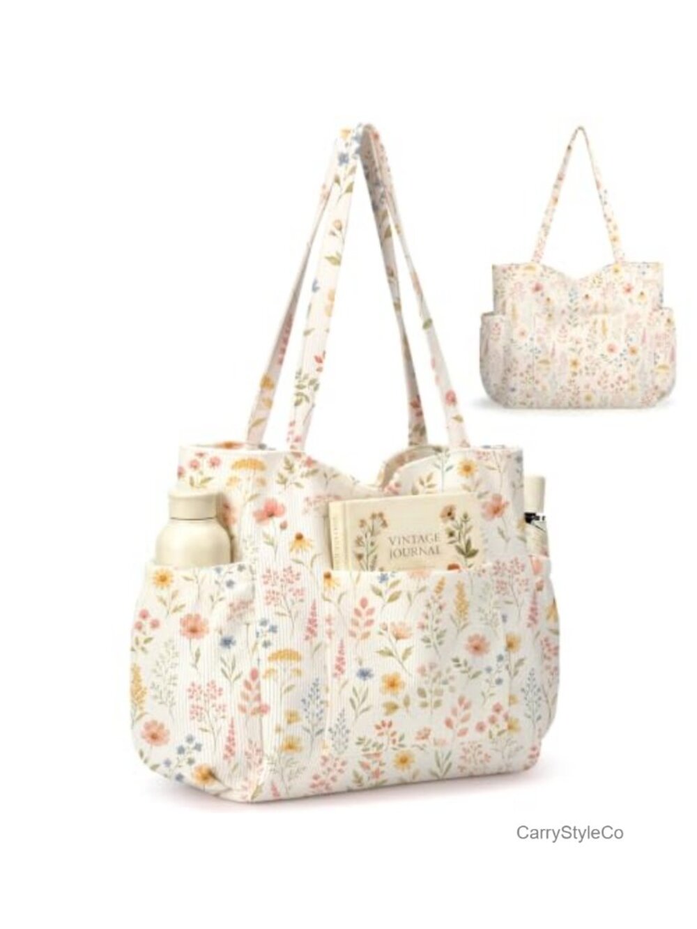Corduroy Tote Bag with 6 Pockets Crossbody Shoulder Handbag for Work Travel Gym